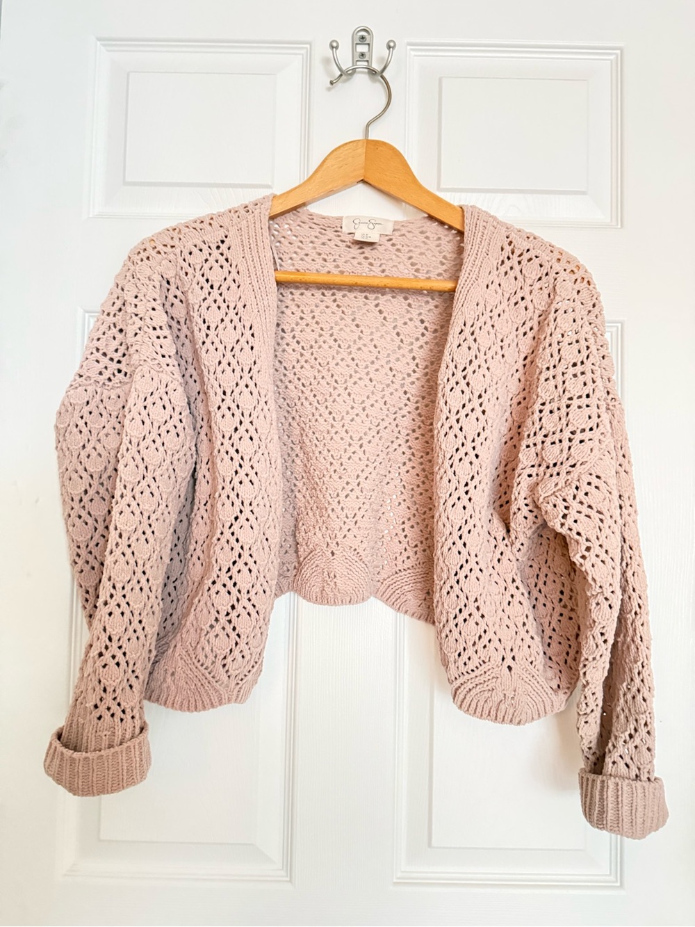 Jessica Simpson Crochet Cropped Cardigan Sz M Blush Coquette Boho Cottagecore